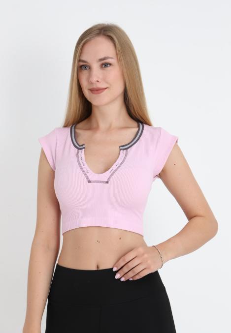 Crop Tricou Damă cu Mânecă Scurtă ,Culoare Roz,Engros